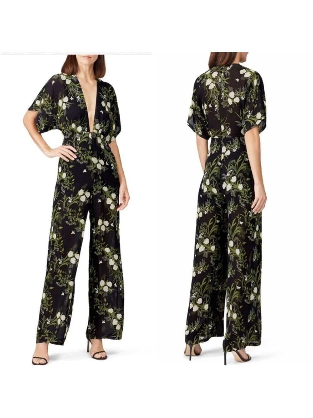 Reformation Lemongrass Wide Leg Jumpsuit Black Floral Romper Crepe Size 4